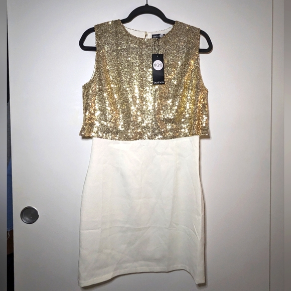 Boohoo Night two layer bodycon dress (Gold&White) - Picture 1 of 4